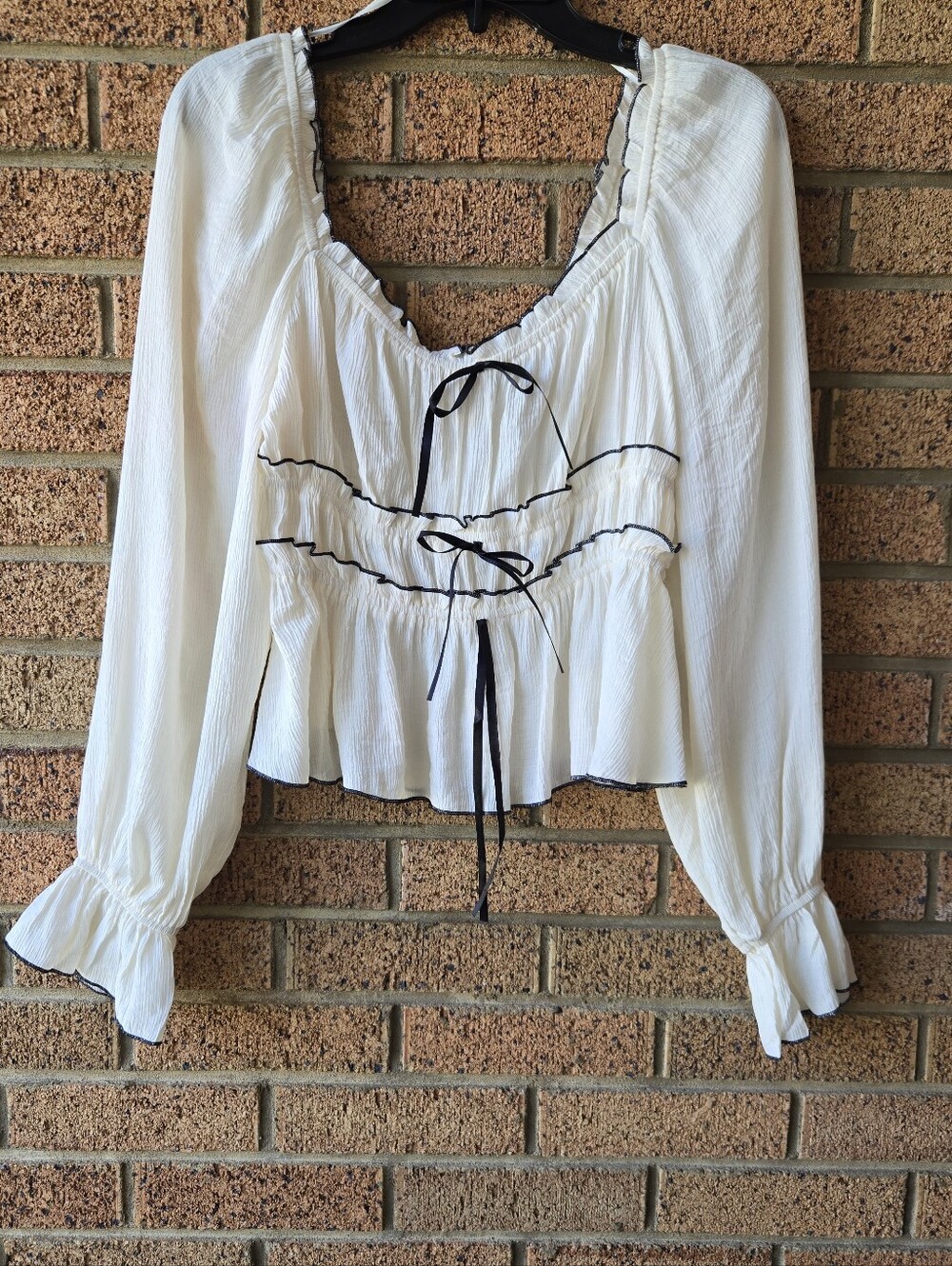 Pepper Cream Coquette Peasant Blouse with Black Trim 🖤